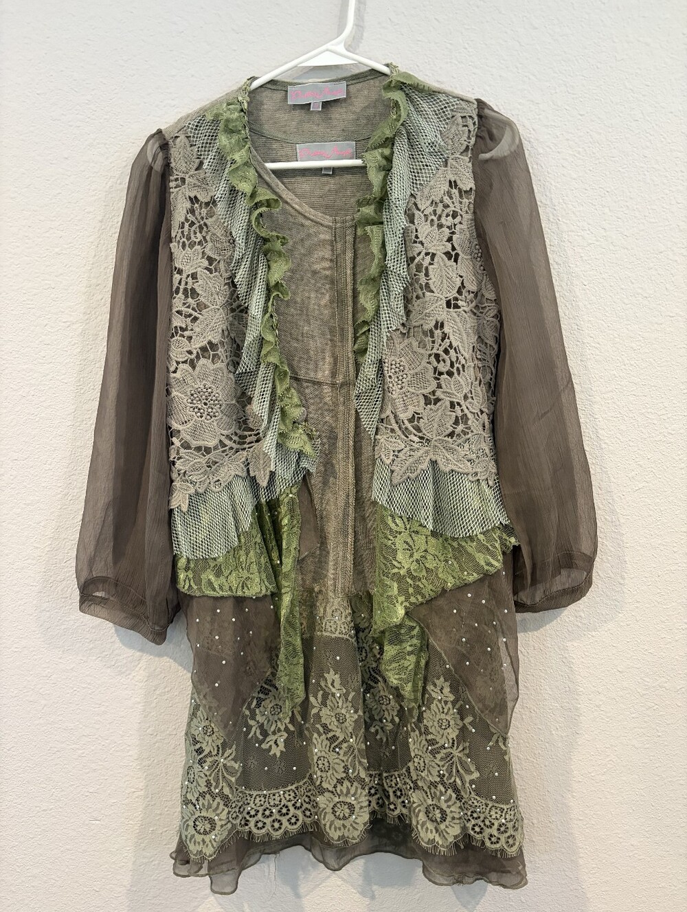 Pretty Angel Womens Green Mystical Lace Mesh Ruffle Rhinestone Dress Cardigan Sm